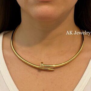 💎18k LUXURY PAVE NAIL Necklace Choker Gold Plated, Round